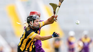 <p>Kilkenny's Katie Power up against Sarah Harding Kenny of Wexford. Picture: INPHO/Laszlo Geczo</p>