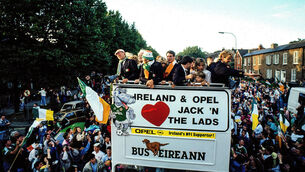 <p>July 1990: Members of the Republic of Ireland squad, including manager Jack Charlton, Frank Stapleton and John Byrne, are cheered by supporters on their arrival home after their participation in the 1990 FIFA World Cup Finals in Italy. Picture: Ray McManus/Sportsfile</p>