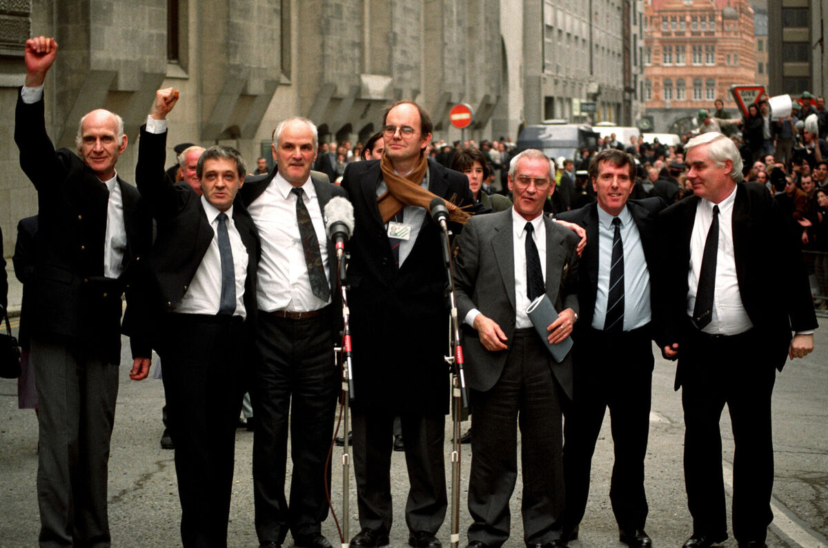 March 1991: The Birmingham Six (left-right) John Walker, Paddy Hill, Hugh Callaghan, Chris Mullen MP, Richard McIlkenny, Gerry Hunter and William Power outside the Old Bailey in London after their convictions were quashed. Picture: Sean Dempsey/PA Wire March 1991: The Birmingham Six (left-right) John Walker, Paddy Hill, Hugh Callaghan, Chris Mullen MP, Richard McIlkenny, Gerry Hunter and William Power outside the Old Bailey in London after their convictions were quashed. Picture: Sean Dempsey/PA Wire
