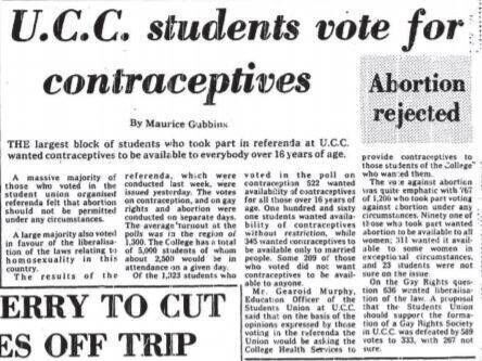 UCC students vote for contraception and for the liberalisation of laws relating to homosexuality, May 8, 1979.