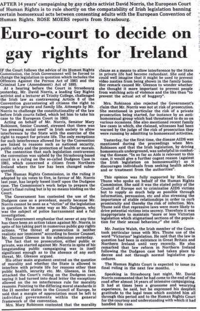 European courts to decide on gay rights for Ireland, April 26, 1988.