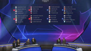 <p>The groups and club names are displayed on the screen at the end of the soccer Champions League draw in Istanbul, Turkey. Picture: Emrah Gurel</p>