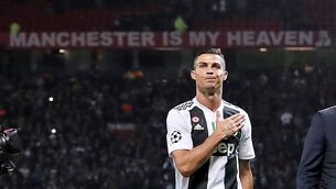 <p>Juventus' Cristiano Ronaldo salutes the fans as he leaves the pitch after the UEFA Champions League match at Old Trafford, Manchester.</p>