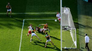<p>28 August 2021; Cathal McShane of Tyrone scores his side's second goal during the GAA Football All-Ireland Senior Championship semi-final match between Kerry and Tyrone at Croke Park in Dublin. Photo by Stephen McCarthy/Sportsfile</p>
