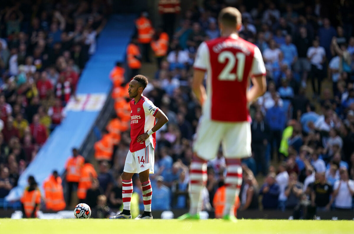 Arsenal’s Pierre-Emerick Aubameyang appears dejected during the Premier League match at the Etihad Stadium. Picture: Nick Potts/PA 