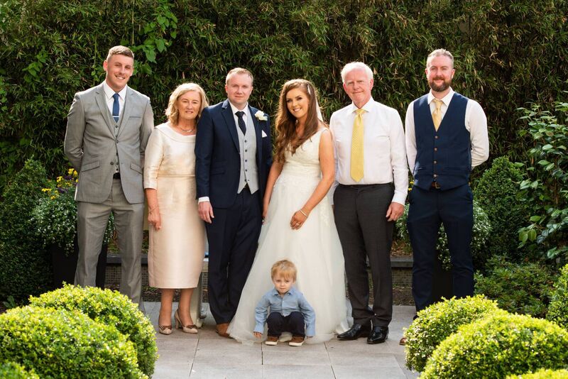 Áine Riordan and Michael Fitzgerald with their son Micheál Fitzgerald with the bride's family including her parents Margaret and Gerard Riordan and brothers James Riordan and John Riordan