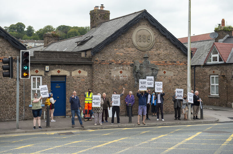  Mick Barry TD and Cllr. Fiona Ryan with residents of Madden's Buildings in Blackpool, Cork, protesting to demand action on vacant houses. Picture: Dan Linehan