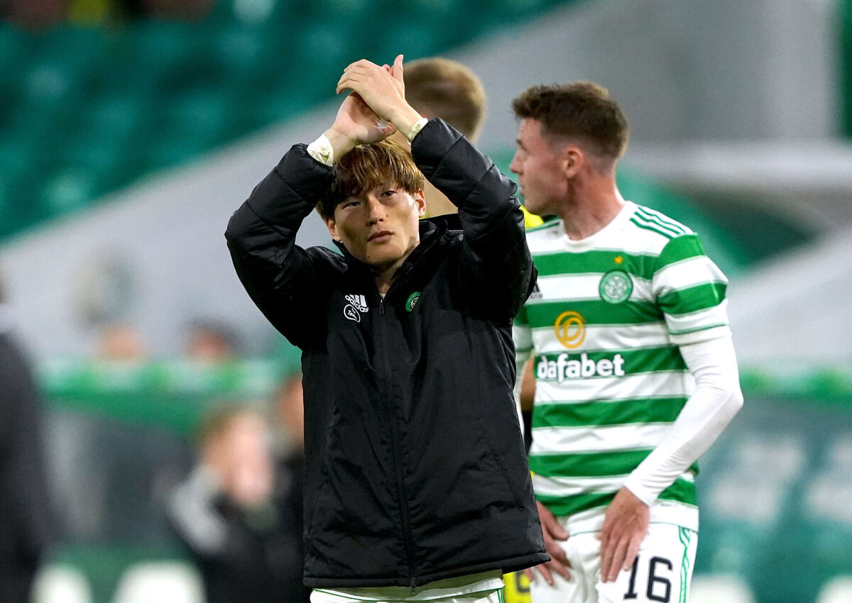 Celtic's Kyogo Furuhashi applauds the fans at the end of the UEFA Europa League Play-off against AZ Alkmaar