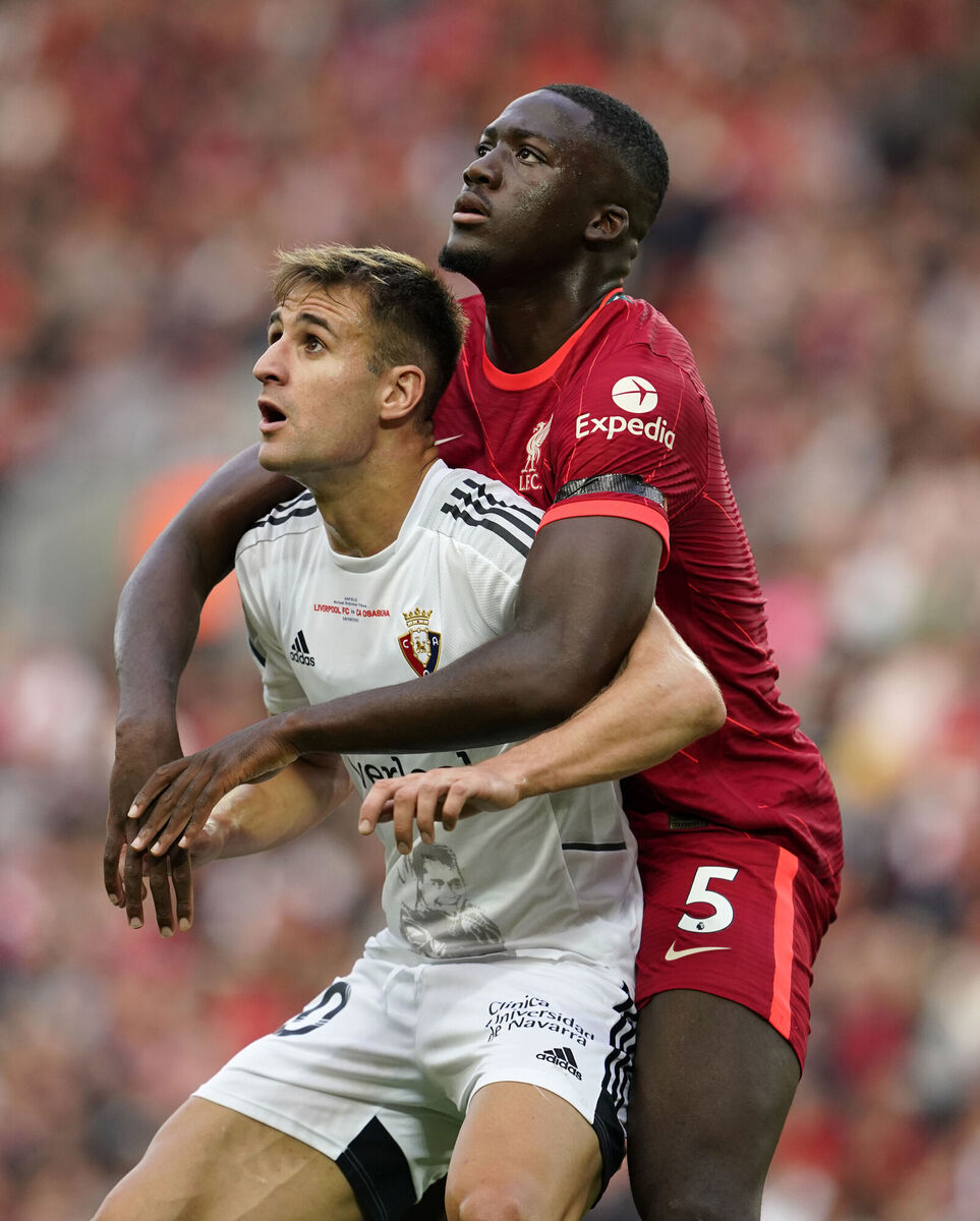 Osasuna's Ivan Barbero (left) and Liverpool's Ibrahima Konate battle for the ball during a pre-season friendly match at Anfield