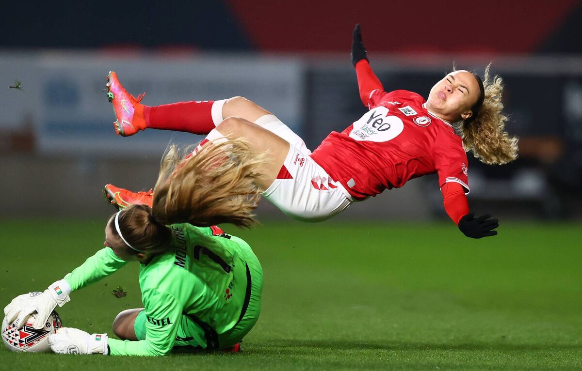 Ireland goalkeeper Grace Moloney foiling Ebony Salmon of Bristol City last season. Moloney should be in action for Reading in Friday's WSL season opener with Manchester United. (Photo by Michael Steele/Getty Images)
