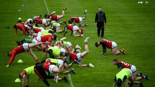 <p>Mayo’s head of strength &amp; conditioning Conor Finn conducts pre-match stretching with Mayo players before the Allianz Football League Division 2 North Round 2 match between Westmeath and Mayo at TEG Cusack Park in Mullingar, Westmeath. <span class="contextmenu emphasis CaptionCredit">Picture: Stephen McCarthy/Sportsfile</span>
            </p>