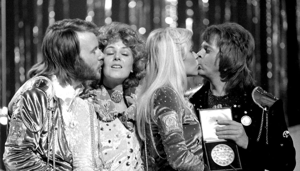 Bjorn Ulvaeus, Anni-Frid Lyngstad, Agnetha Faltskog and Benny Andersson of the Swedish pop group Abba in Brighton celebrating their win at the Eurovision Song Contest. . Picture: PA Bjorn Ulvaeus, Anni-Frid Lyngstad, Agnetha Faltskog and Benny Andersson of the Swedish pop group Abba in Brighton celebrating their win at the Eurovision Song Contest. . Picture: PA