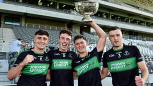 <p>Nemo Rangers players, from left, Ronan Dalton, Barry Cripps, Kevin O'Donovan and Briain Murphy celebrate with the cup after the 2020 Cork Premier SFC final. Picture: Brendan Moran/Sportsfile</p>