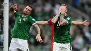 <p>James McClean and Shane Duffy react after failing to convert a chance on goal against Azerbaijan at the Aviva Stadium. Photo by Seb Daly/Sportsfile</p>