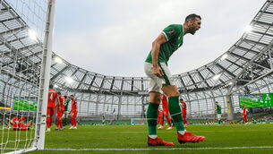 <p class="contextmenu internal_Caption">Shane Duffy reacts to a missed opportunity against Azerbaijan at the Aviva Stadium. Ireland are on the worst competitive run of their 100-year history. 	Picture: Stephen McCarthy/Sportsfile</p>