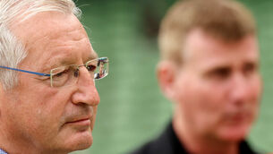 <p>NO TIME TO CHAT: RTÉ’s Tony O’Donoghue watching the second half of the Ireland-Azerbaijan match at the Aviva Stadium on Saturday, with Stephen Kenny, who failed to talk to the channel in the aftermath of defeat, in the background. 	Picture: James Crombie<span class="contextmenu emphasis CaptionCredit">/Inpho</span>
            </p>