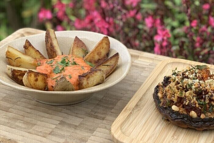 Patatas bravas and baked mushrooms