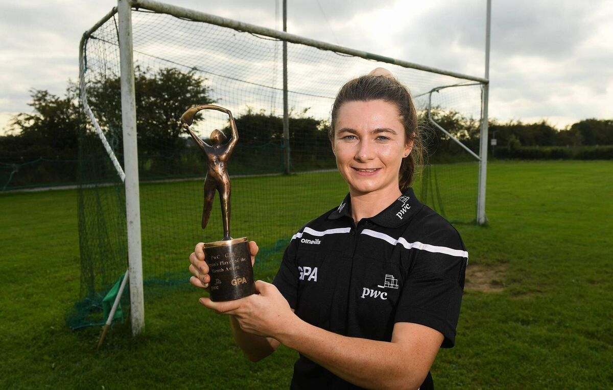 PwC GPA Women’s Player of the Month in camogie for August, Aoife Donohue (Galway) with her award today at her home club Mullagh GAA. Picture: Matt Browne/Sportsfile