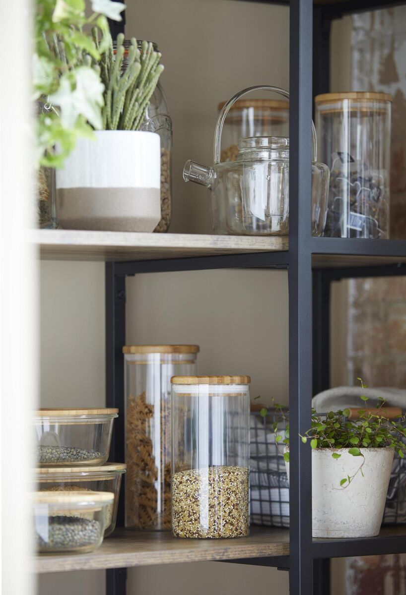 Larder or pantry, enclosed behind doors or staged in an independent room, pay attention to the quality of the shelving. Deeper shelves can take a fuller load, but watch any bracket positions weigh in. Accessories by Dunhelm.