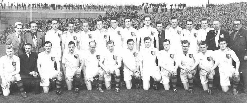 THE MEN OF 1951: The Mayo senior football team that won the 1951 All-Ireland senior title by beating Meath. Back row, left to right: James Quinn, Eugene Quinn (brothers of Fr Peter Quinn), Paddy Jordan, Mick Loftus, John Forde, Joe Gilvarry, Tom Langan, Paddy Irwin, John McAndrew, Dr Jimmy Laffey (chairman, Mayo Co Board), Henry Dixon, Liam Hastings, Mick Mulderrig, Gerald Courell (trainer), Pat Conway (treasurer, Mayo Co Board). Front row: Willie Casey, Jackie Carney (trainer), Sean Wynne, Mick Flanagan, Eamonn Mongey, Seán Mulderrig, Fr Peter Quinn, Pádraig Carney, Seán Flanagan, Paddy Prendergast, Jimmy Curran and Joe Staunton. THE MEN OF 1951: The Mayo senior football team that won the 1951 All-Ireland senior title by beating Meath. Back row, left to right: James Quinn, Eugene Quinn (brothers of Fr Peter Quinn), Paddy Jordan, Mick Loftus, John Forde, Joe Gilvarry, Tom Langan, Paddy Irwin, John McAndrew, Dr Jimmy Laffey (chairman, Mayo Co Board), Henry Dixon, Liam Hastings, Mick Mulderrig, Gerald Courell (trainer), Pat Conway (treasurer, Mayo Co Board). Front row: Willie Casey, Jackie Carney (trainer), Sean Wynne, Mick Flanagan, Eamonn Mongey, Seán Mulderrig, Fr Peter Quinn, Pádraig Carney, Seán Flanagan, Paddy Prendergast, Jimmy Curran and Joe Staunton.
