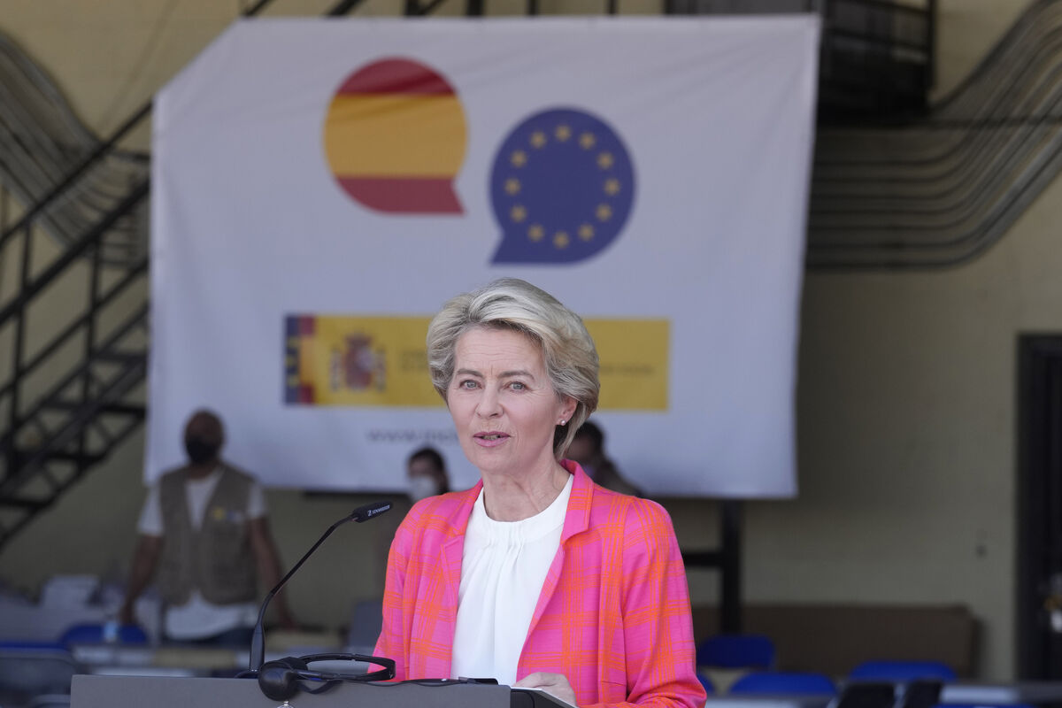 EU Commission president Ursula von der Leyen speaks during a news conference at the Torrejon military airbase in Madrid, Spain, Picture: AP Photo/Paul White