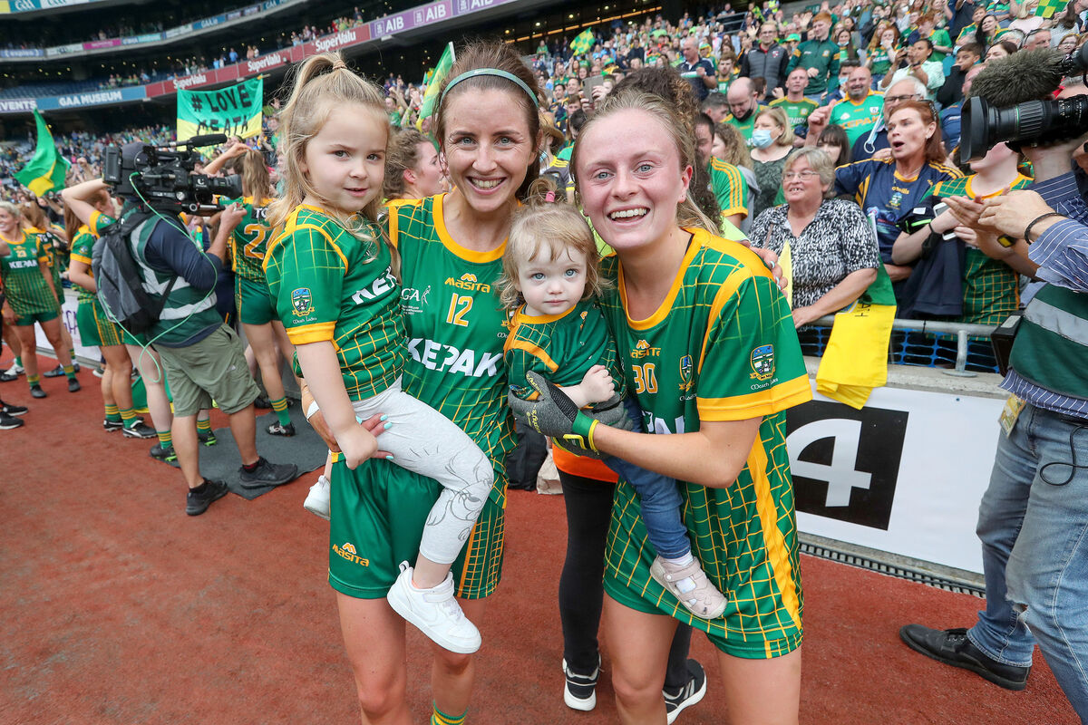 Meath's Niamh and Fia O’Sullivan and Mia and Megan Thynne with her niece Mia celebrate with Niamh O’Sullivan and Fia. Picture: INPHO/Bryan Keane