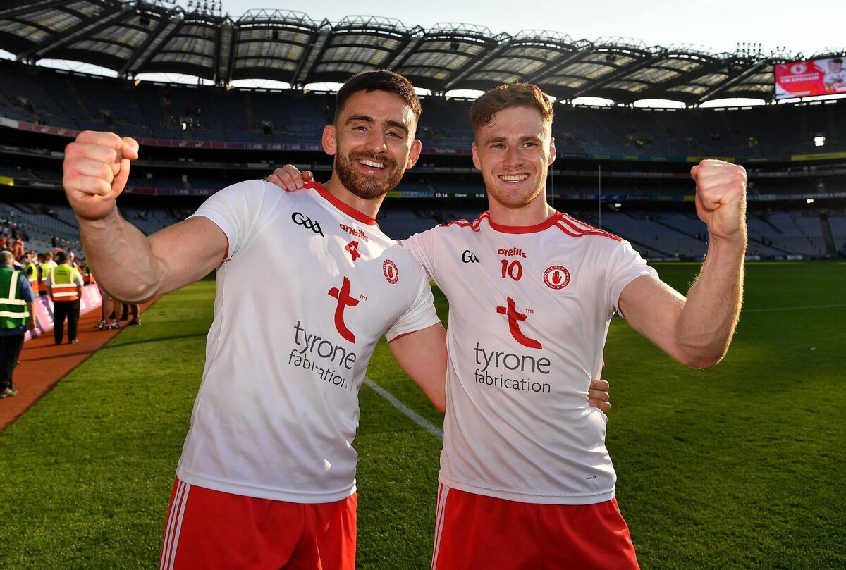 Padraig Hampsey, left, and Conor Meyler of Tyrone celebrate after the win over Kerry