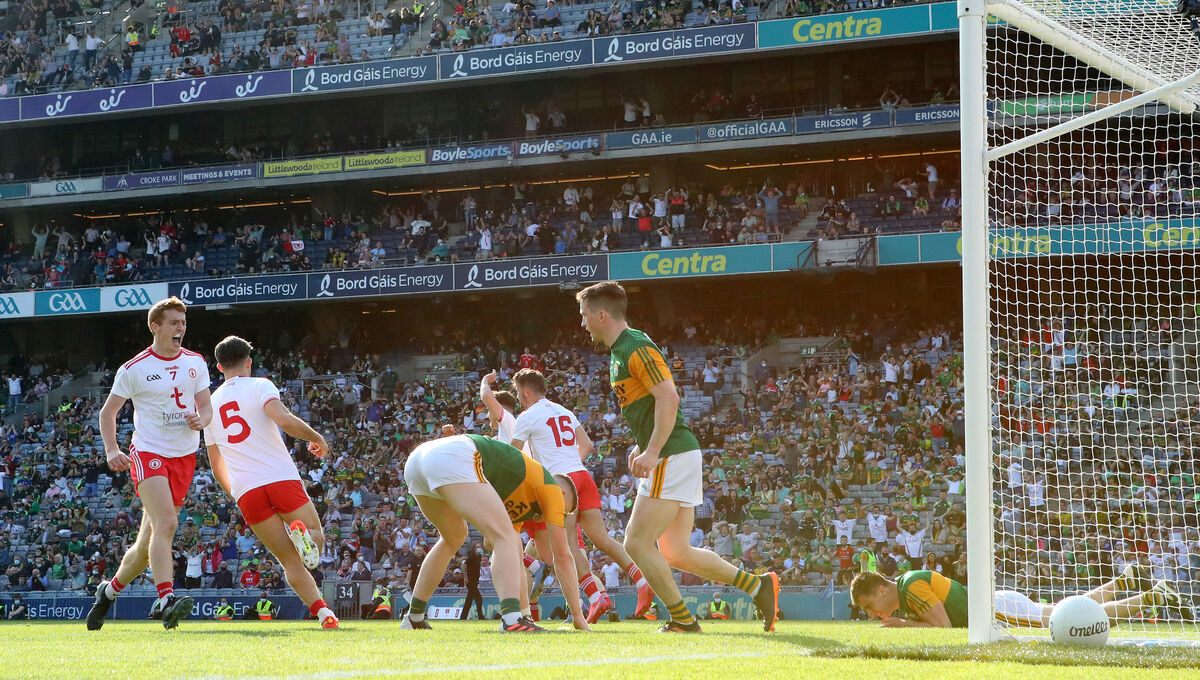 Tyrone's Peter Harte celebrates after Cathal McShane scored his sides opening goal. Picture: INPHO/James Crombie