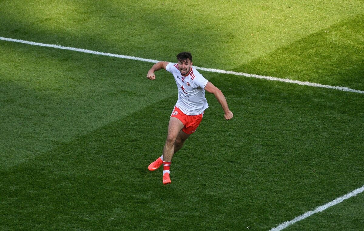 Conor McKenna of Tyrone celebrates after scoring his side's third goal during the win over Kerry. Picture: Daire Brennan/Sportsfile