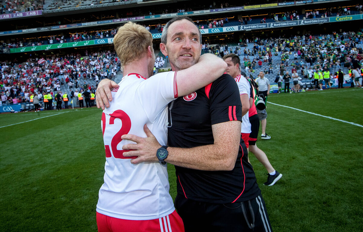 Tyrone joint manager Brian Dooher celebrates after the game. Picture: INPHO/Ryan Byrne