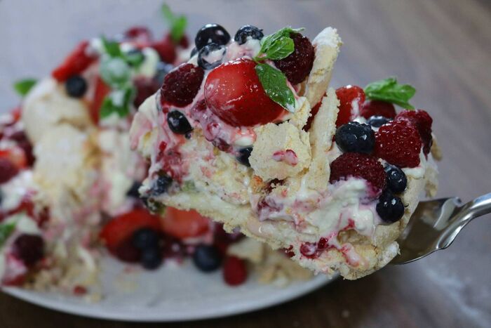 Blackberry, blueberry, raspberry and mint pavlova