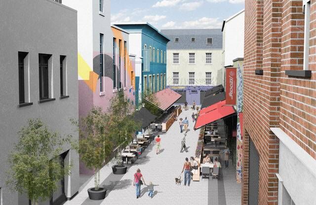 
                        Caroline Street: Awnings, parasols, festoon lighting, mature trees, bespoke windbreak/planter units with age-friendly seating will be installed along the street. Picture Cotter Naesson