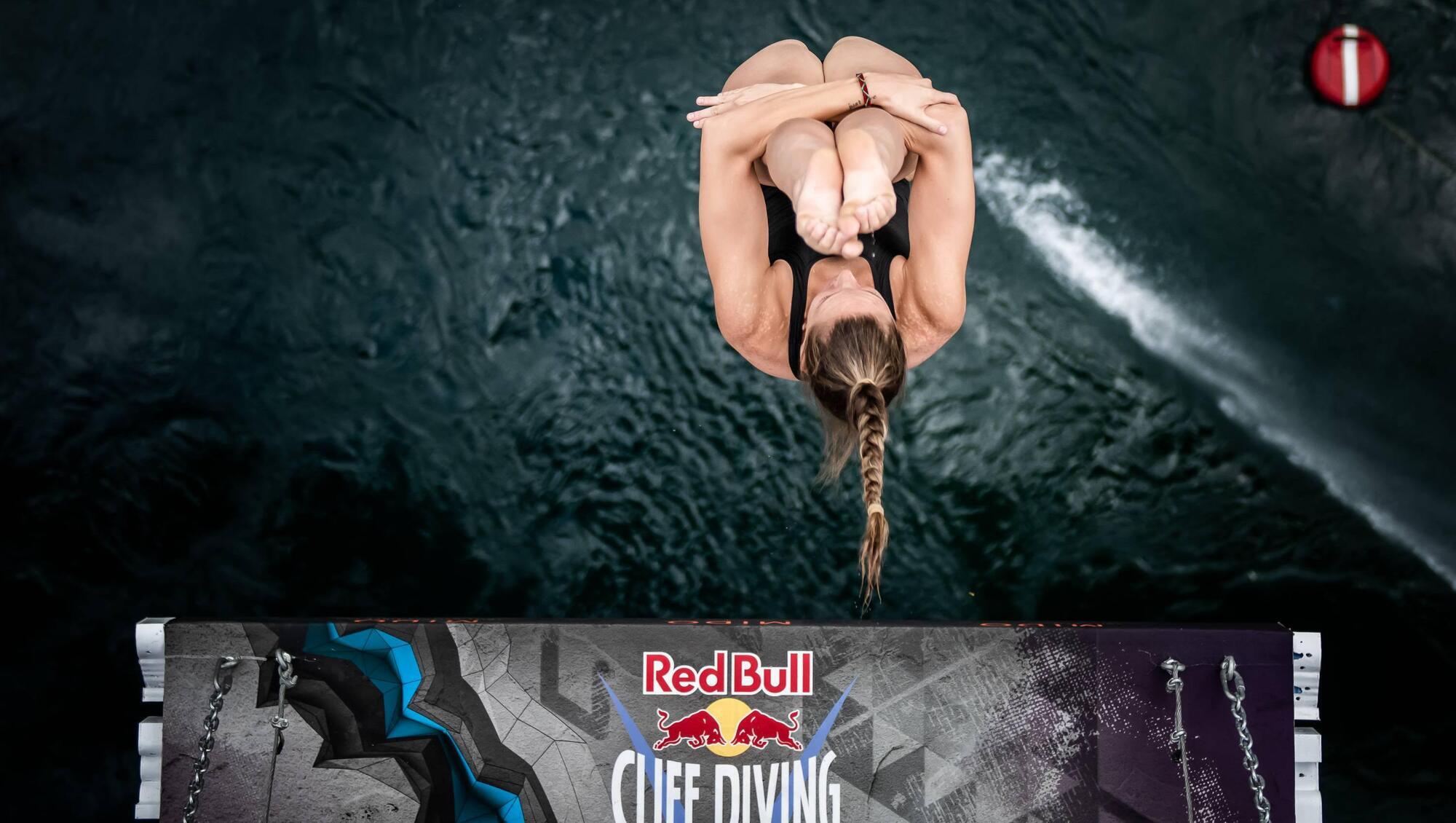Jessica Macaulay of Canada dives from the 21 metre platform during the second competition day of the third stop of the Red Bull Cliff Diving World Series in Mostar, Bosnia and Herzegovina on August 27, 2021.