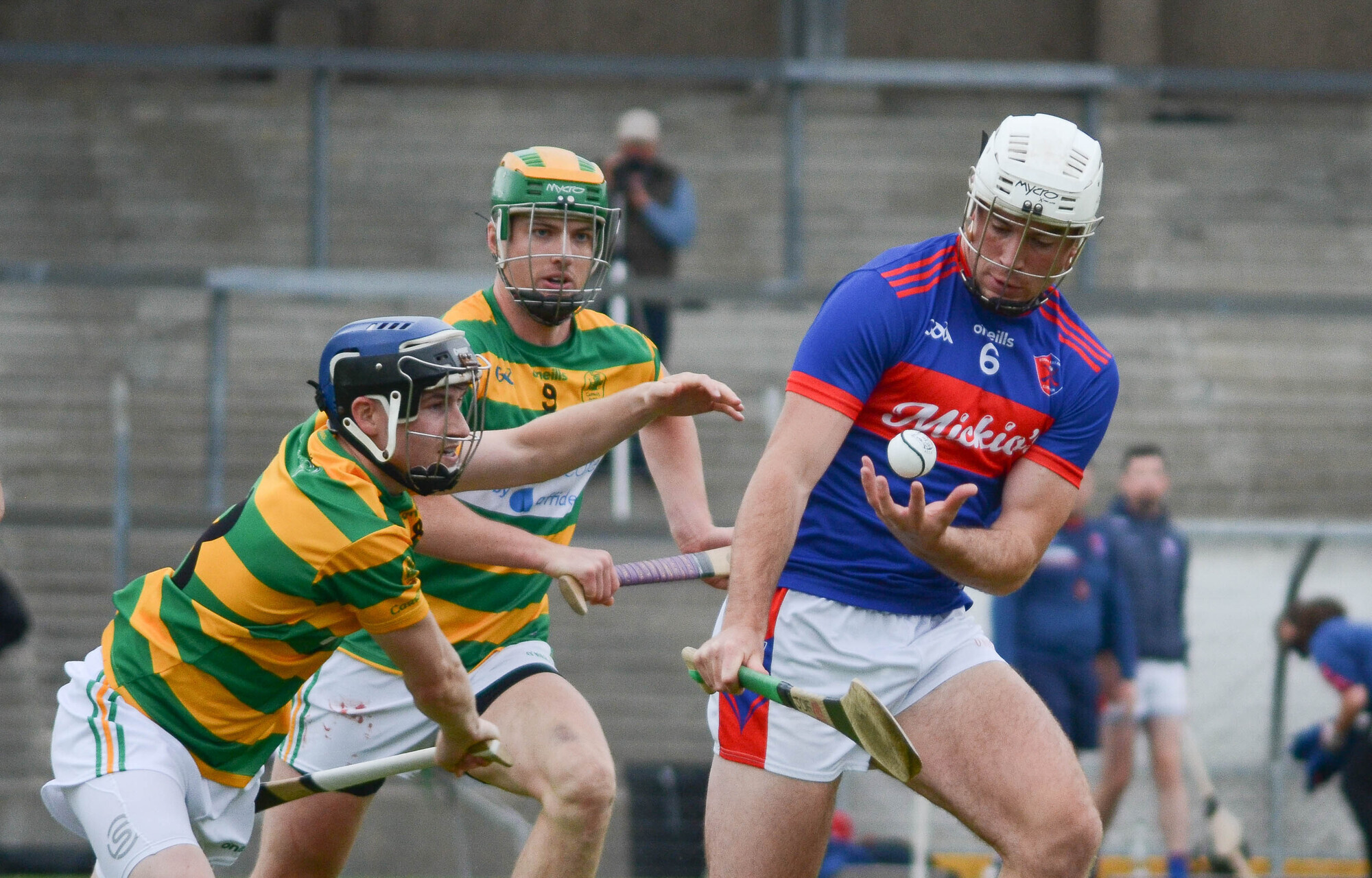 James O'Flynn of Erins Own gathers the sliotar ahead of Stephen Murphy and David O'Farrell of Blackrock during their group clash last year. Picture: Howard Crowdy