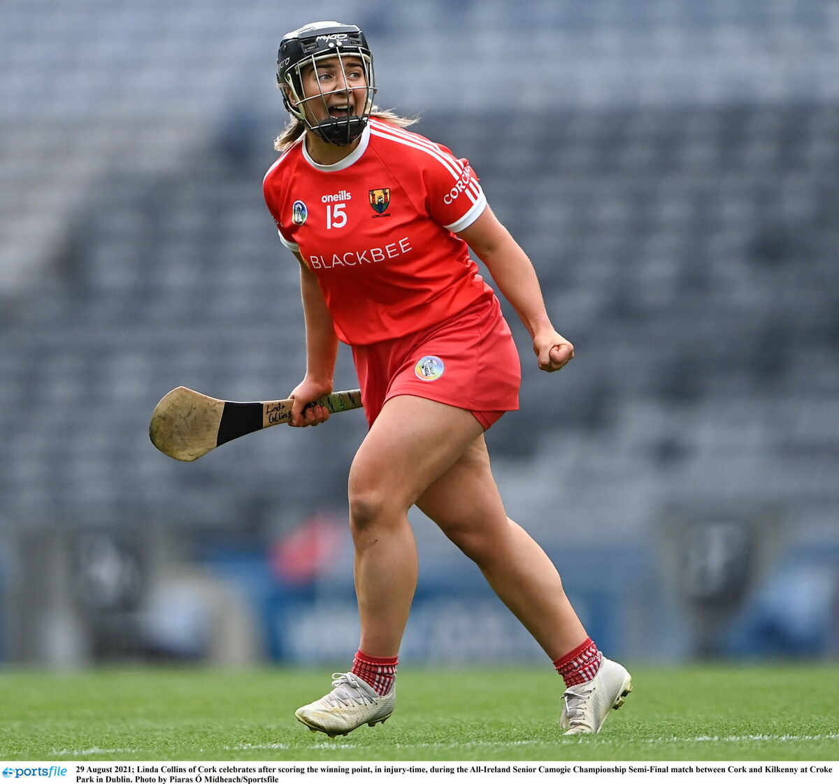 Collins celebrating after scoring the winning point, in injury-time, during the All-Ireland Senior Camogie Championship Semi-Final 2021. Collins celebrating after scoring the winning point, in injury-time, during the All-Ireland Senior Camogie Championship Semi-Final 2021.