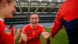 <p>Cork’s Hannah Looney celebrates after the All-Ireland semi-final win over Kilkenny. Picture: INPHO/James Crombie</p>