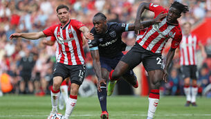 <p>Michail Antonio, centre, saw red as West Ham and Southampton drew 0-0 (Kieran Cleeves/PA)</p>