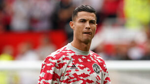 <p>Manchester United’s Cristiano Ronaldo warms up prior to kick-off in the Premier League match at Old Trafford (PA)</p>