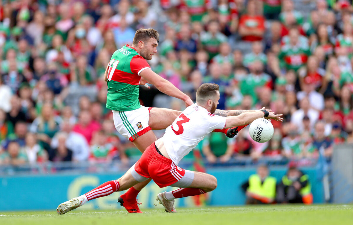 Mayo’s Aidan O’Shea has his goal effort blocked by Ronan McNamee of Tyrone. Picture: INPHO/James Crombie
