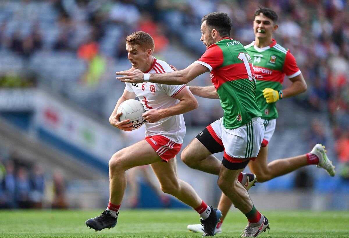 Peter Harte of Tyrone in action against Kevin McLoughlin of Mayo. Picture: Piaras Ó Mídheach/Sportsfile