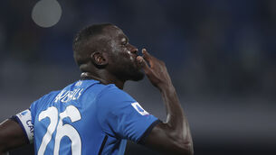 Kalidou Koulibaly celebrates scoring Napoli’s late second goal against Juventus (Alessandro Garofalo/AP)