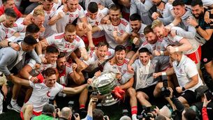 <p>WE DID IT: Tyrone players celebrate with the Sam Maguire Cup after victory over Mayo in the All-Ireland SFC final at Croke Park. <span class="contextmenu emphasis CaptionCredit">	Picture: Daire Brennan</span>
            </p>