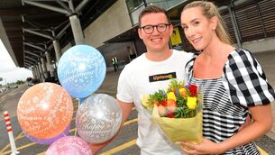 <p>Radek Zuk and Alison Leahy from Mallow arrived back into Cork Airport yesterday after they got engaged in Naples. Like any busy airport, Cork sees its share of such celebrations — but all that is on hold now for 10 weeks as the airport shuts for essential runway repairs. Picture: Larry Cummins</p>