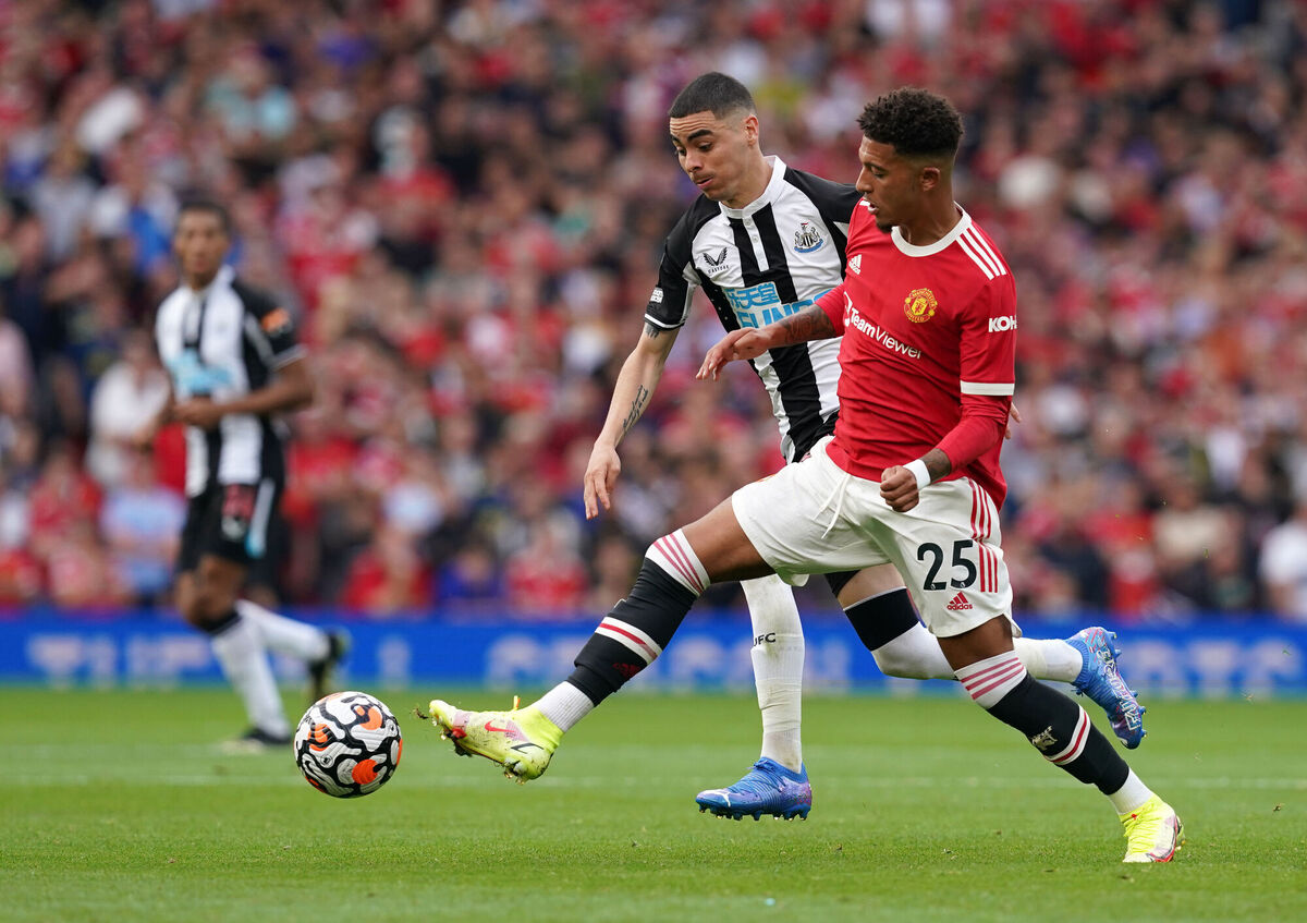 Newcastles Miguel Almiron battles with Jadon Sancho at Old Trafford on Saturday 