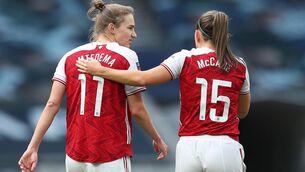 <p>Vivianne Miedema of Arsenal with Katie McCabe  (Photo by Catherine Ivill/Getty Images)</p>