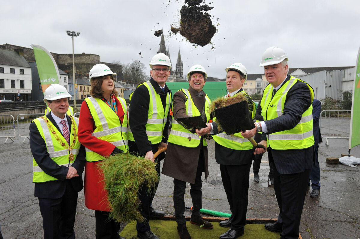 Then Lord Mayor Chris O'Leary with then tánaiste Joan Burton, agriculture minister Simon Coveney, Live Nation Ireland CEO Mike Adamson, then taoiseach Enda Kenny, and BAM Ireland CEO Theo Cullinane turning the sod on the centre in February 2016. Picture: Daragh McSweeney/Provision