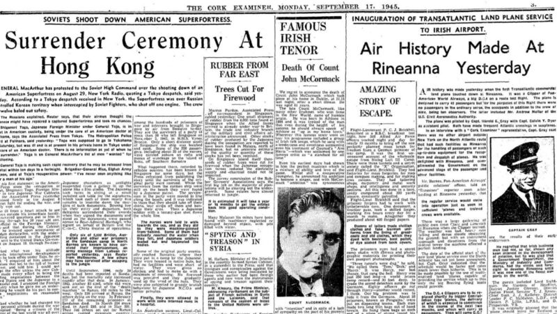 The Examiner report of the death of Count John McCormack in September 1945. 
