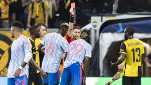 <p>Aaron Wan-Bissaka was sent off for United (Alessandro Della Valle/AP)</p>