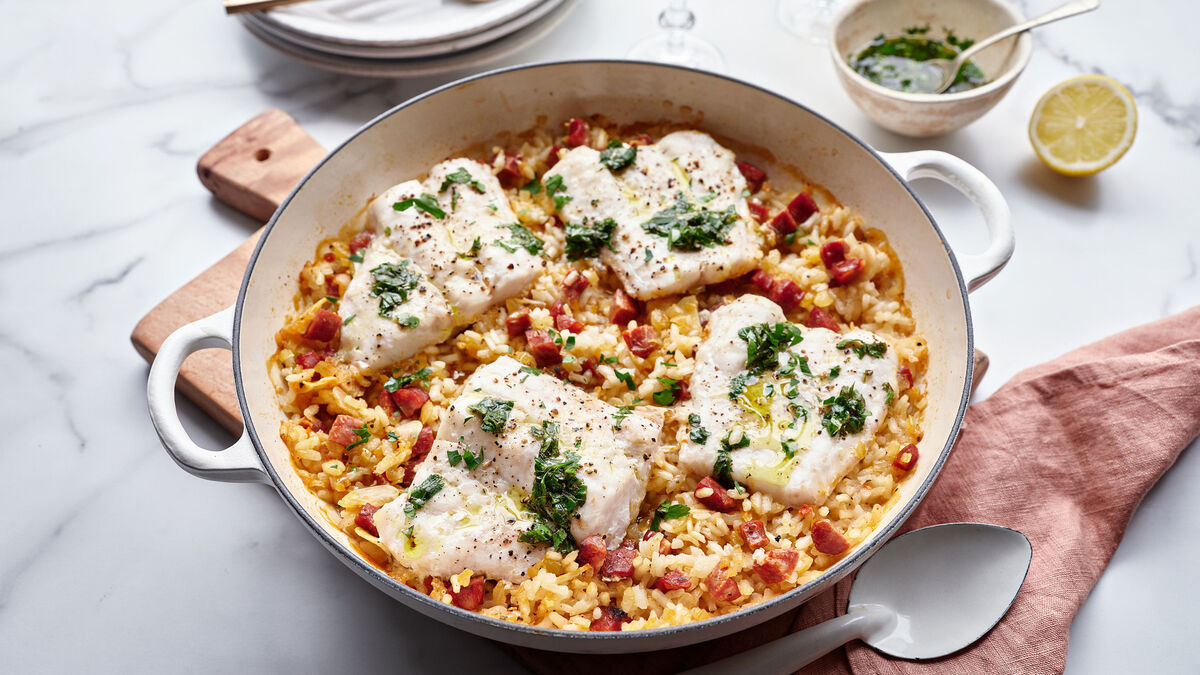 Baked rice with hake