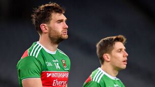 <p>Aidan O'Shea, left, and Lee Keegan of Mayo after the 2020 All-Ireland final. Photo by Seb Daly/Sportsfile</p>